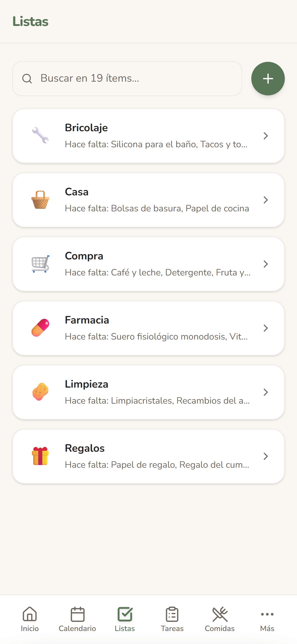 Pantalla de Listas en Farpi, con lo que falta en cada lista